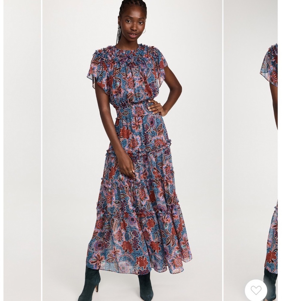 Misa Los Angeles Suki Midi Dress In Cerulean Floral Metallic Ruffle Size Small